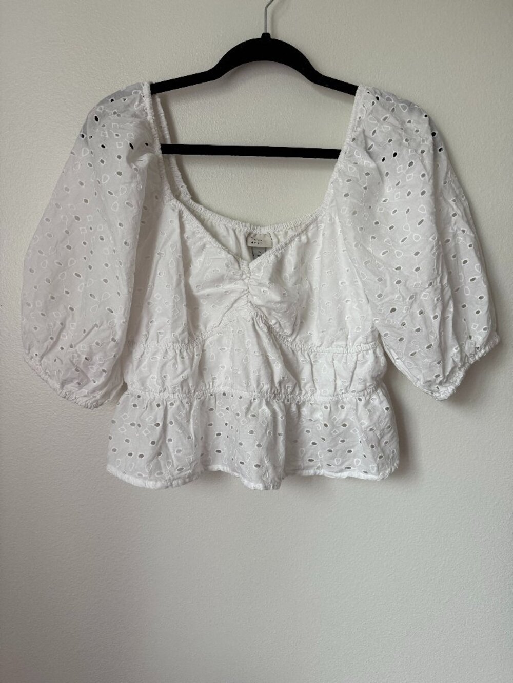 A New Day White Eyelet Ruched Peplum Puff Sleeve Top 100% Cotton Size L